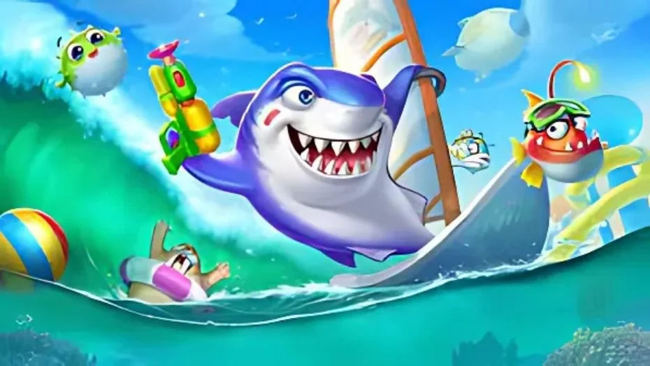 Adegan sasaran ikan dan meriam dalam permainan arcade